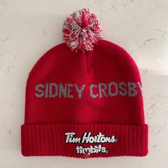 Tim Hortons Sidney Crosby Knit 100% Acrylic Toque w Pom Pom Red Grey White Sz OS - Picture 10 of 10
